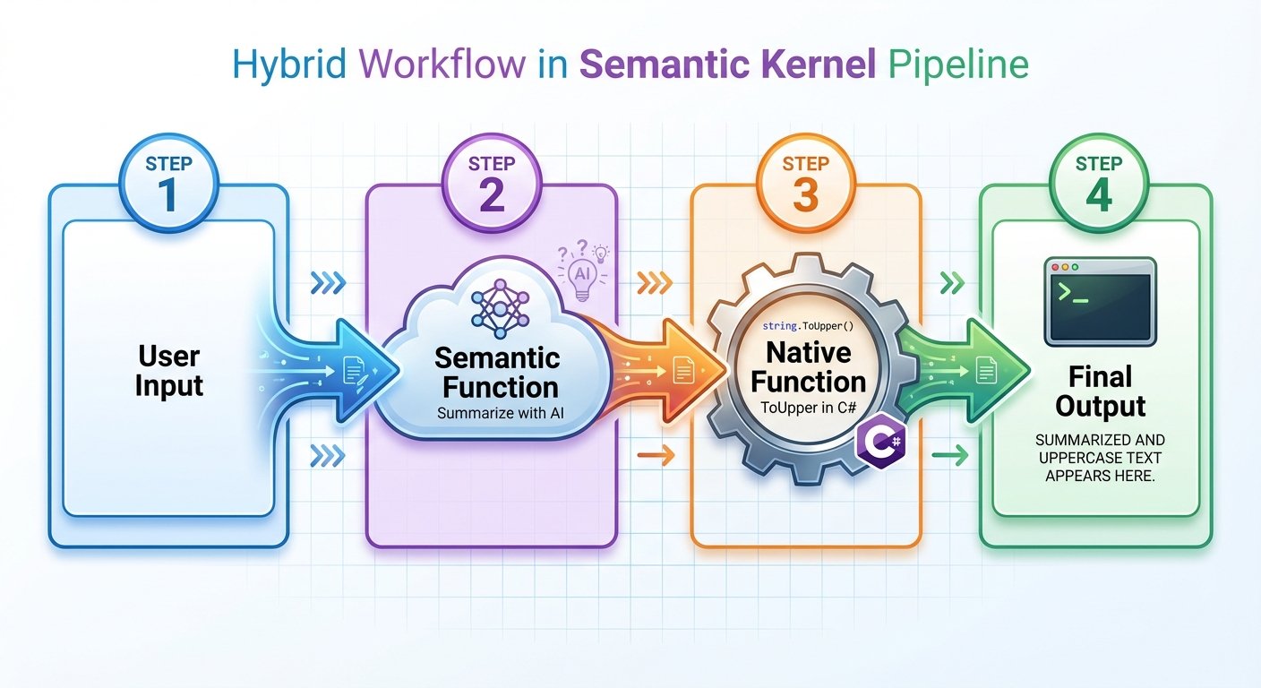 Hybrid Pipeline Workflow showing User Input, Semantic Function, Native Function, and Final Output