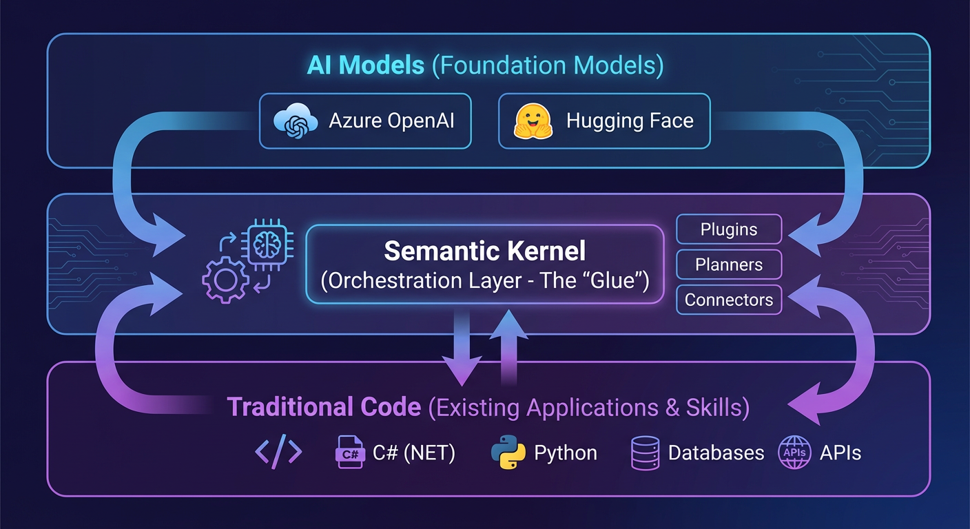 Semantic Kernel Architecture Diagram showing AI Models, Orchestration Layer, and Traditional Code