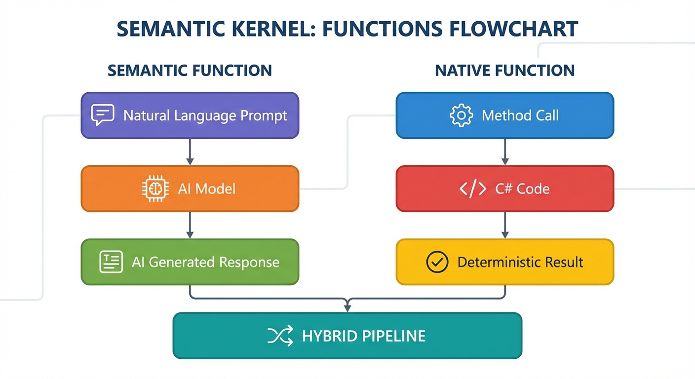 Flowchart showing Semantic Functions vs Native Functions in Semantic Kernel